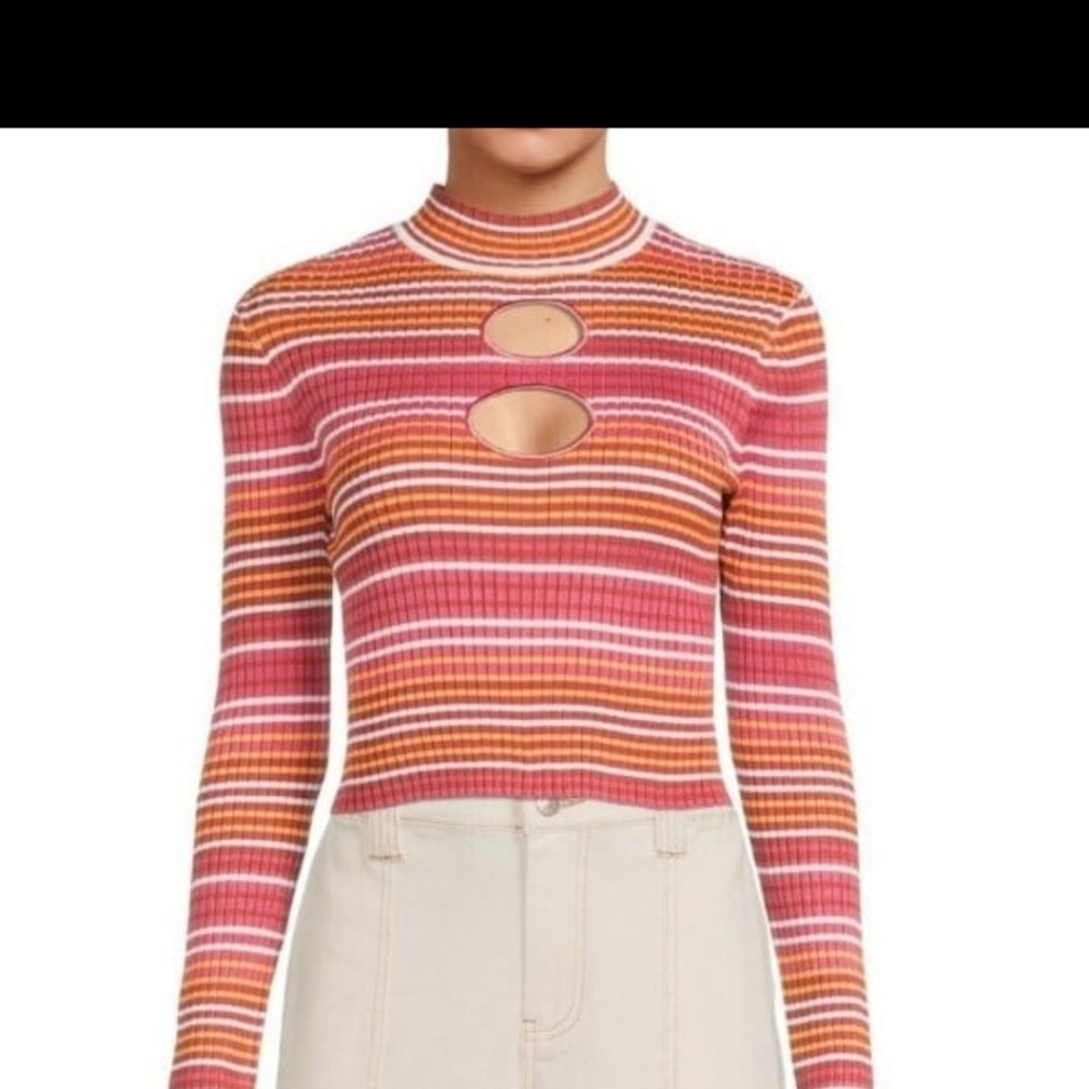 Madden NYC Sweater Women's Sz L striped cutout preppy punk retro peak a boo crop